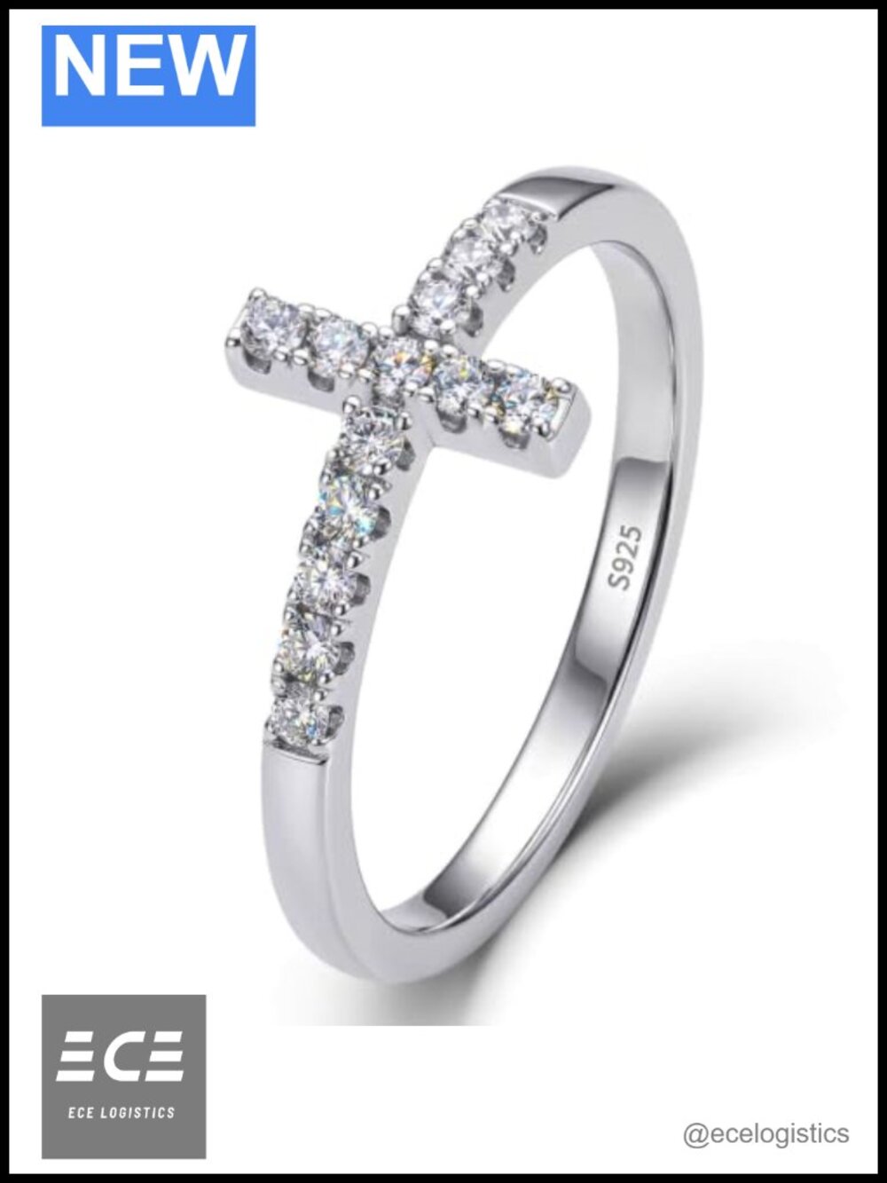 Moissanite Cross Ring 925 Sterling Silver 14K White Gold Plated Stackable
